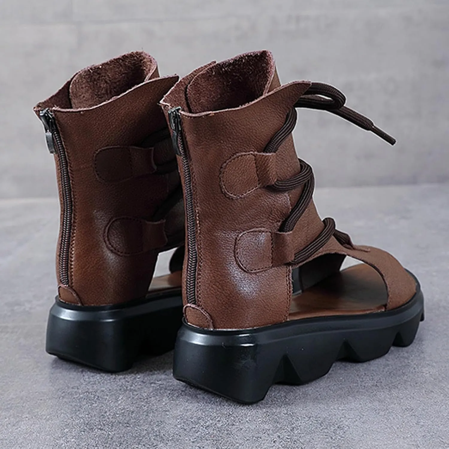 Women's Leather High Top Platform Sandals Vintage Casual Open Toe Lace Up Back Zipper Chunky Wedge Booties Comfortable Soft Sole Roman Sandals
