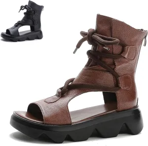 Women's Leather High Top Platform Sandals Vintage Casual Open Toe Lace Up Back Zipper Chunky Wedge Booties Comfortable Soft Sole Roman Sandals