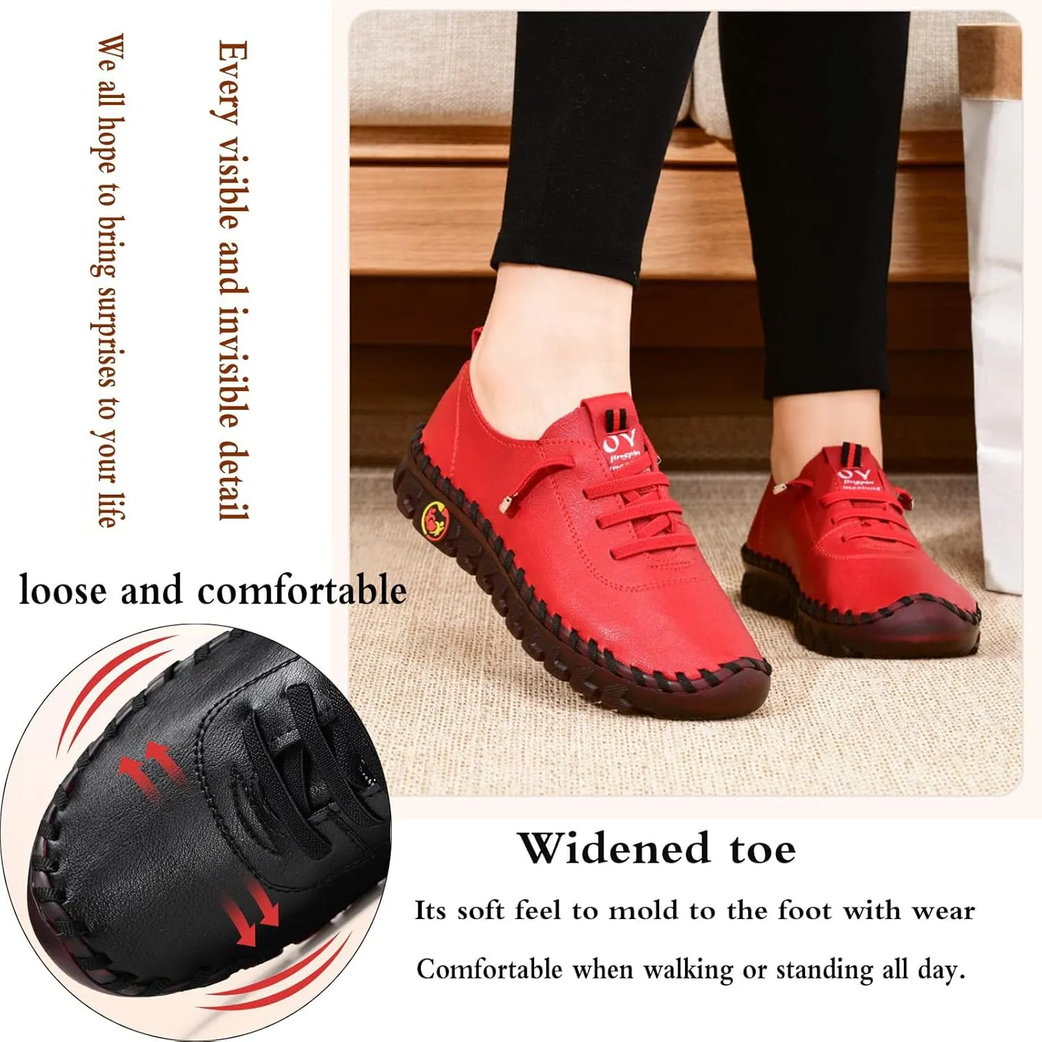 Women's Leather Soft Bottom Flat Shoes,Ultra Soft Orthopedic Shoes for Women Comfort Rubber Sole Mom Leisure Shoe