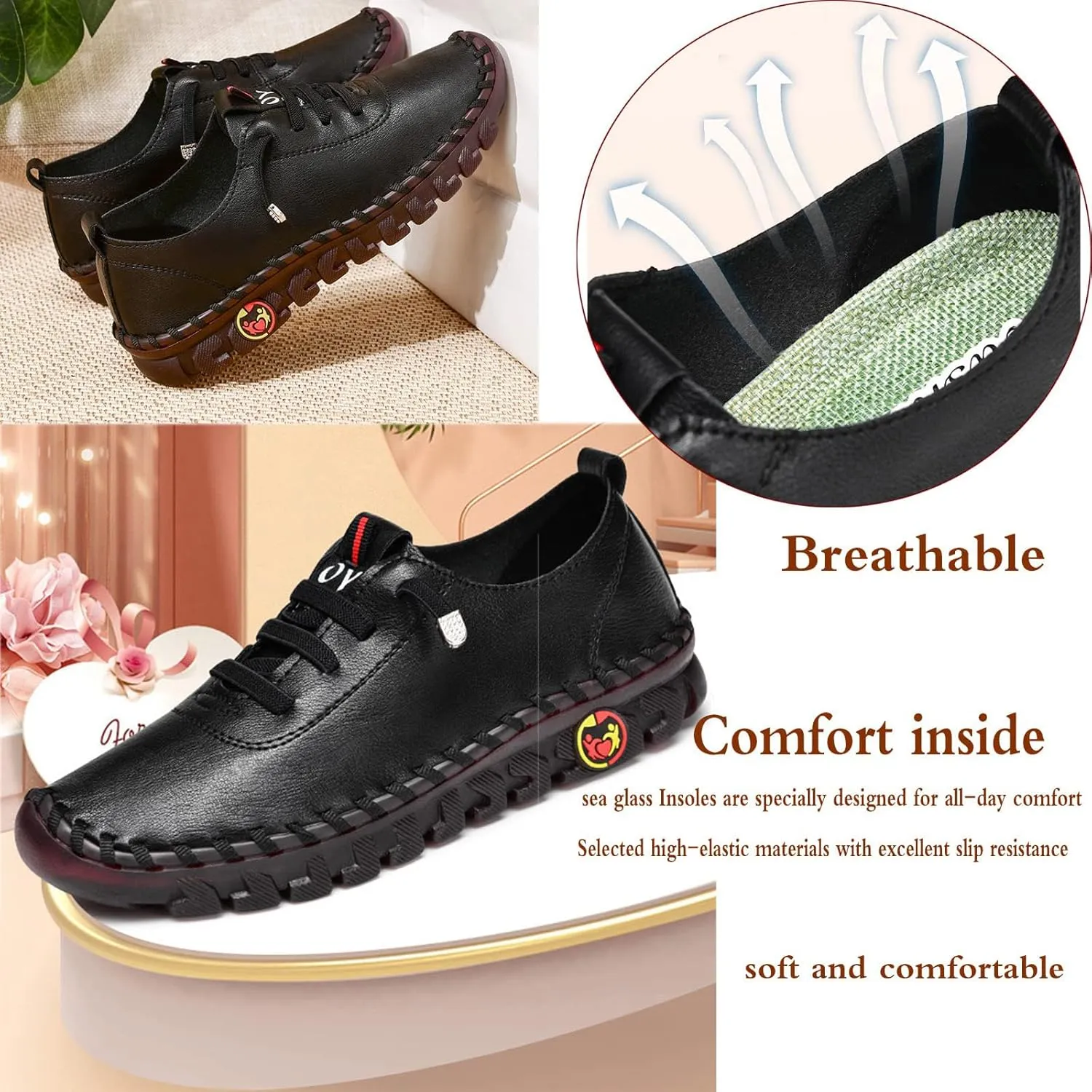 Women's Leather Soft Bottom Flat Shoes,Ultra Soft Orthopedic Shoes for Women Comfort Rubber Sole Mom Leisure Shoe