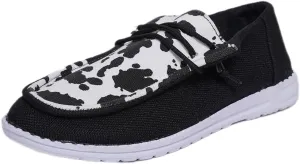Women's Lightweight Slip-on Canvas Loafers Black and White Cow Print Soft Abrasion Breathable Trendy Stylish Cushion Padded Arch Support Daily Walking Driving Sneakers