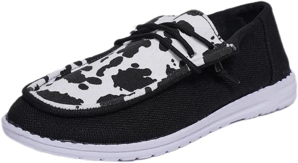 Women's Lightweight Slip-on Canvas Loafers Black and White Cow Print Soft Abrasion Breathable Trendy Stylish Cushion Padded Arch Support Daily Walking Driving Sneakers