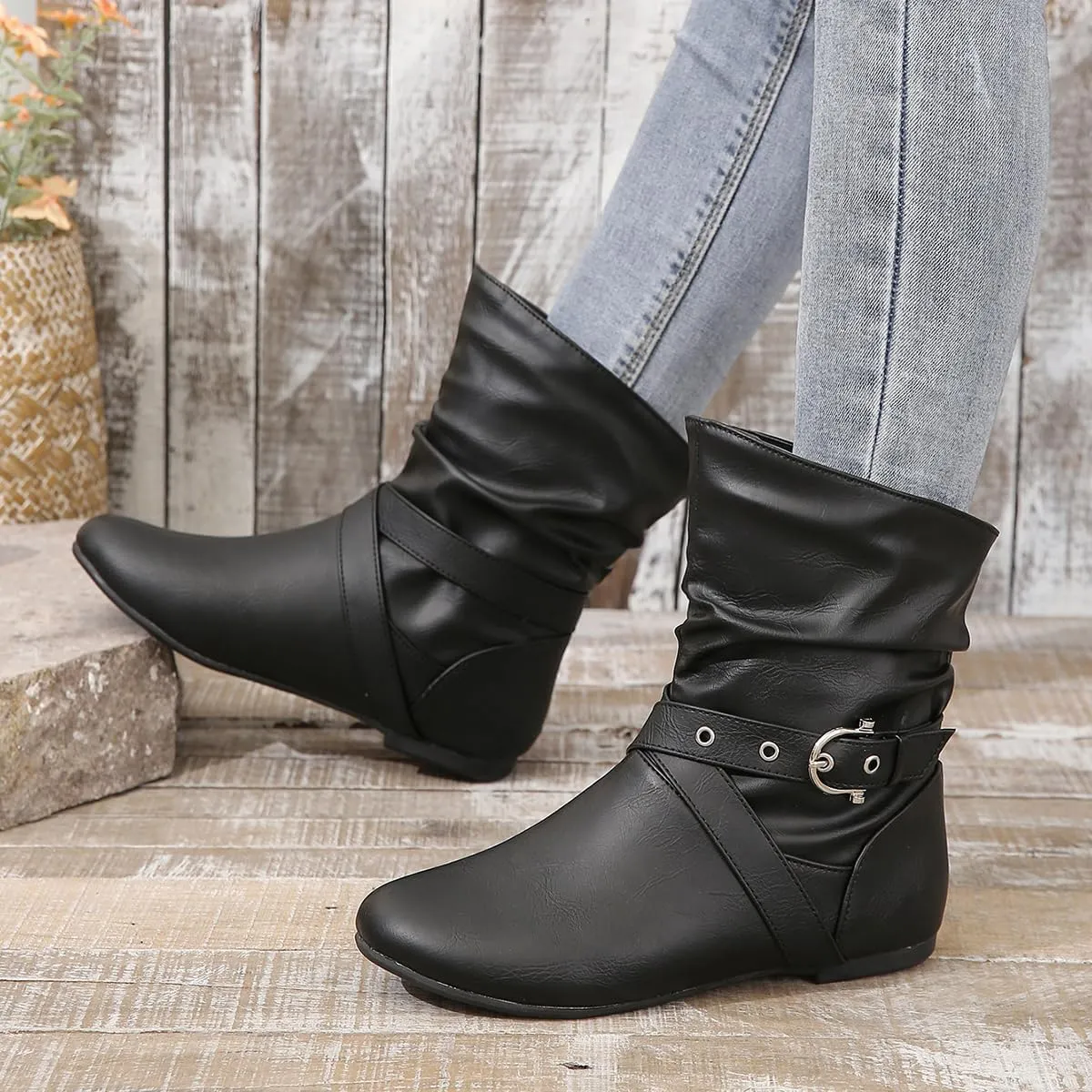 Women’s Low Heel Fall Ankle Boots - Comfortable Flat Booties with Locking Strap, Short Casual Style