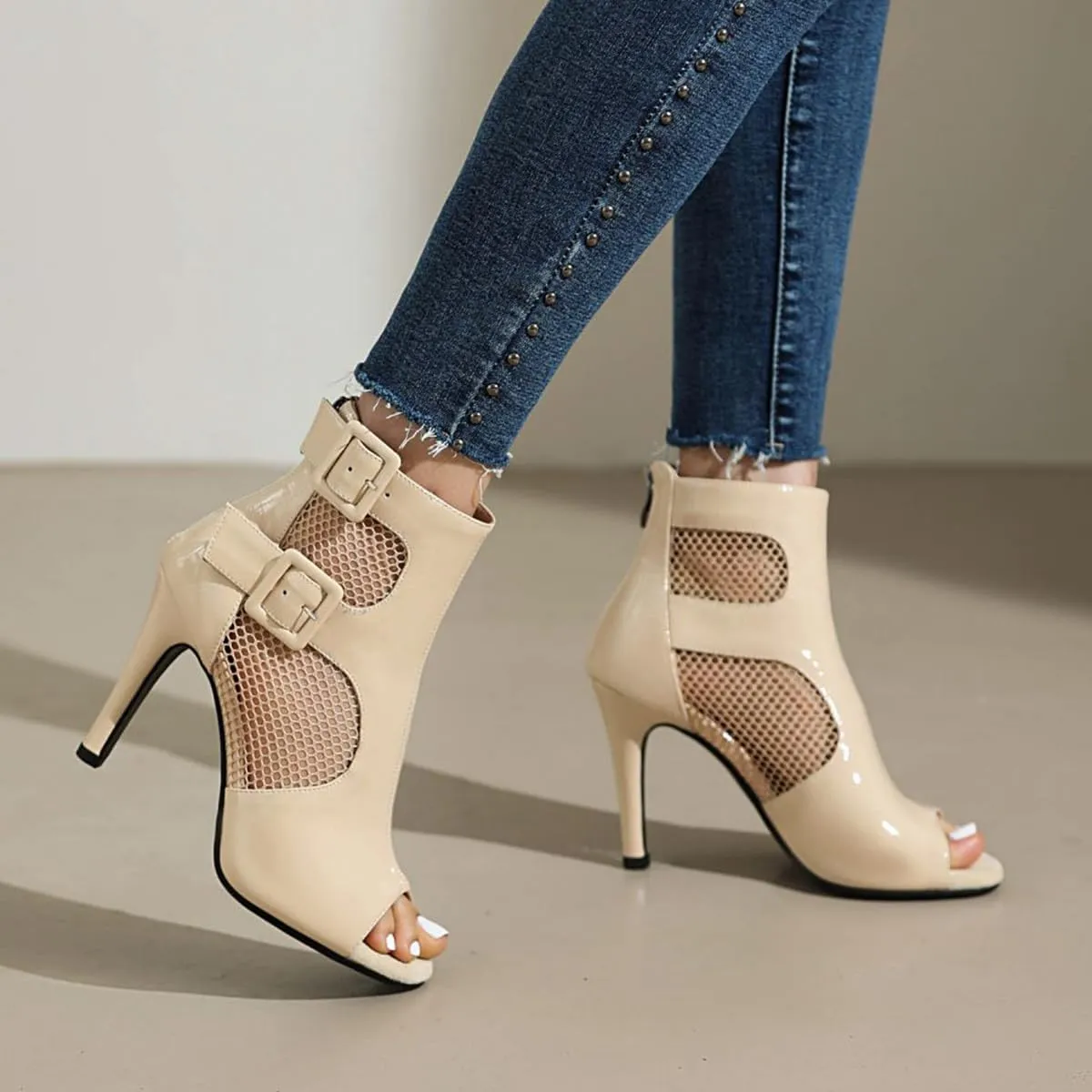 Women's Mesh Sandals Peep Toe High Top Sandals Lace Up Summer Open Toe Bootie
