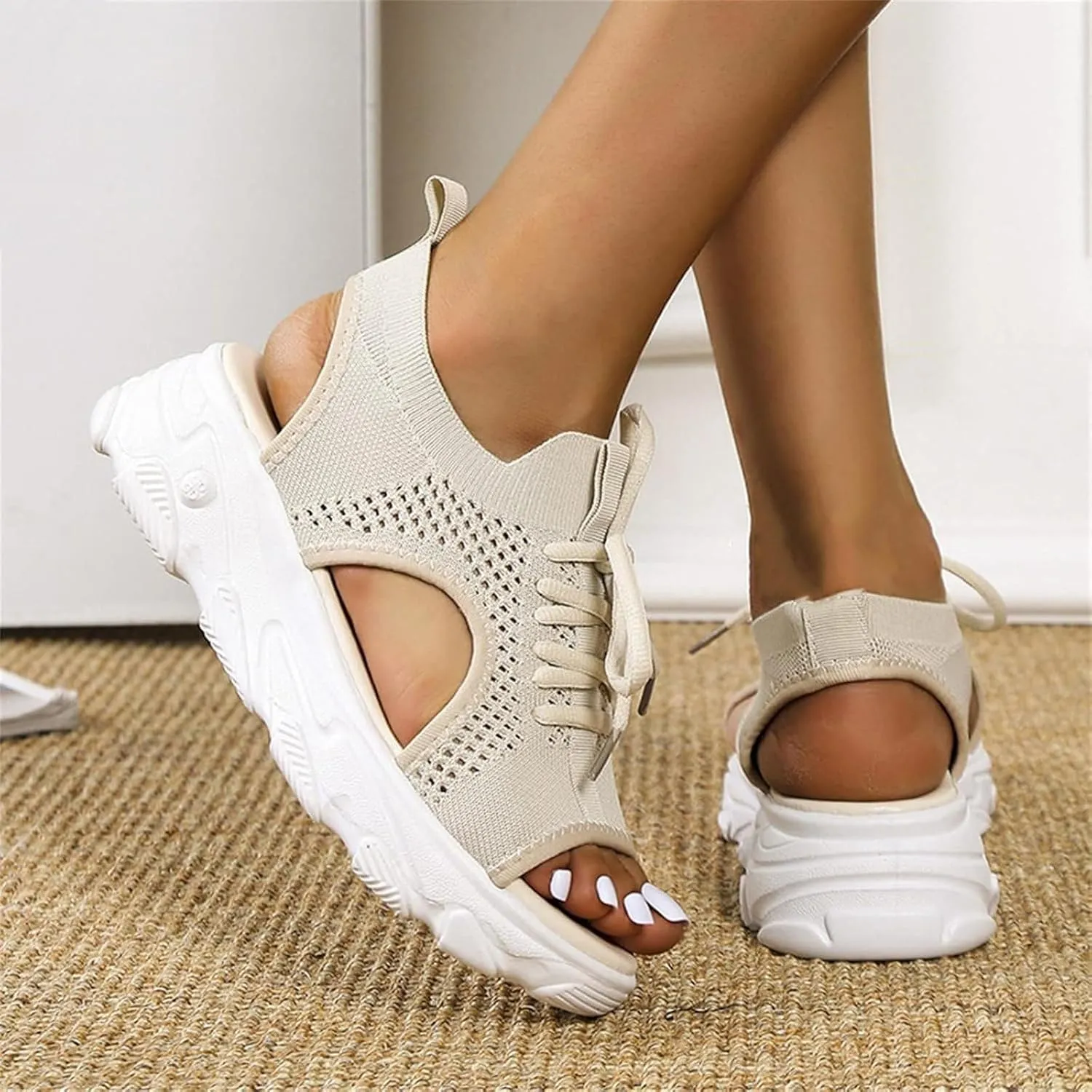 Women's Muffin Sandals Cutout Open Toe Platform Sandal Causal Non Slip Tennis Shoes Lightweight Wedges Sandal Summer Washable Slingback Shoes Arch Support Wide Width Sandals