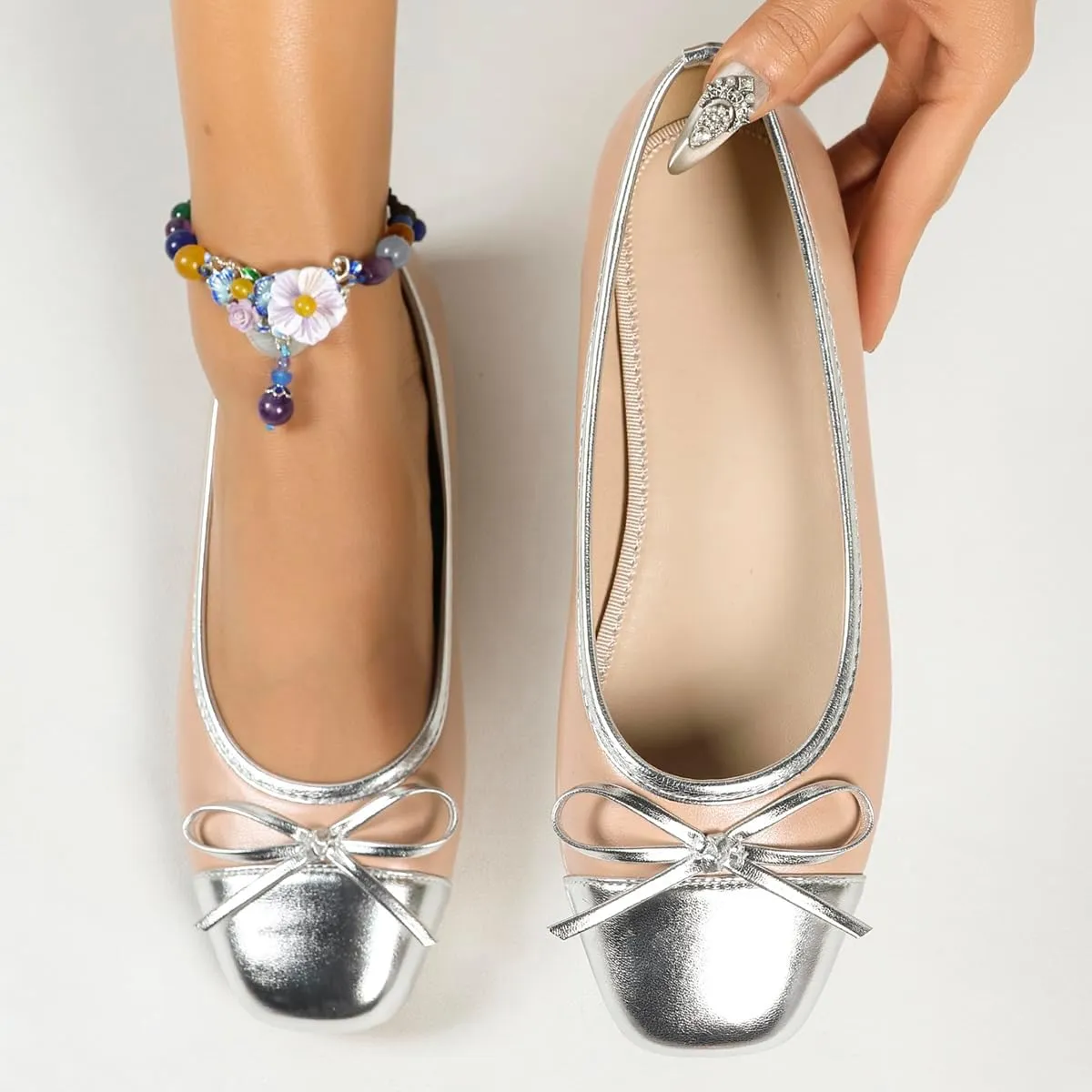Women’s Nude-Pink Leather Ballet Flats with Silver Trim & Bow – Elegant Flat Shoes for Casual Outings & Daily Wear (Wide-Foot Friendly, Sizes 6–10.5)