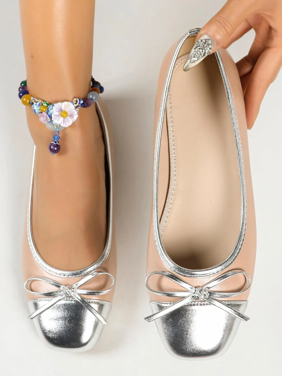 Women’s Nude-Pink Leather Ballet Flats with Silver Trim & Bow – Elegant Flat Shoes for Casual Outings & Daily Wear (Wide-Foot Friendly, Sizes 6–10.5)