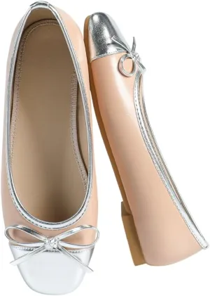 Women’s Nude-Pink Leather Ballet Flats with Silver Trim & Bow – Elegant Flat Shoes for Casual Outings & Daily Wear (Wide-Foot Friendly, Sizes 6–10.5)