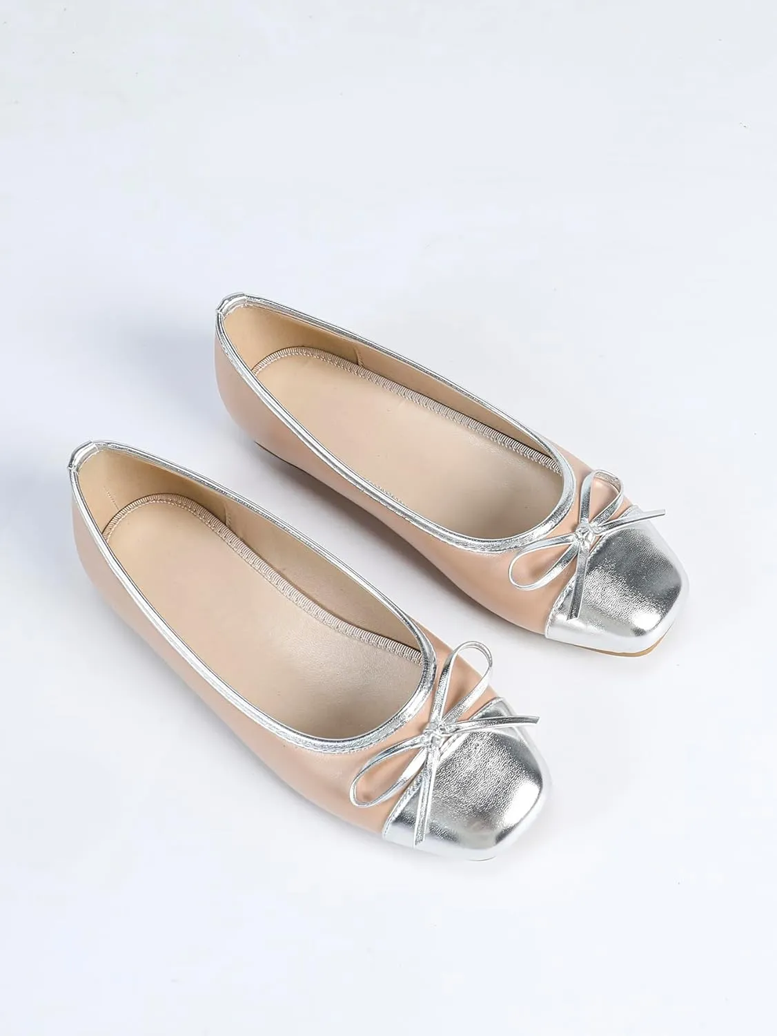 Women’s Nude-Pink Leather Ballet Flats with Silver Trim & Bow – Elegant Flat Shoes for Casual Outings & Daily Wear (Wide-Foot Friendly, Sizes 6–10.5)
