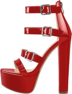 Women's Open Toe Platform Sandals - Chunky Round Heel Black Buckle Belts Punk