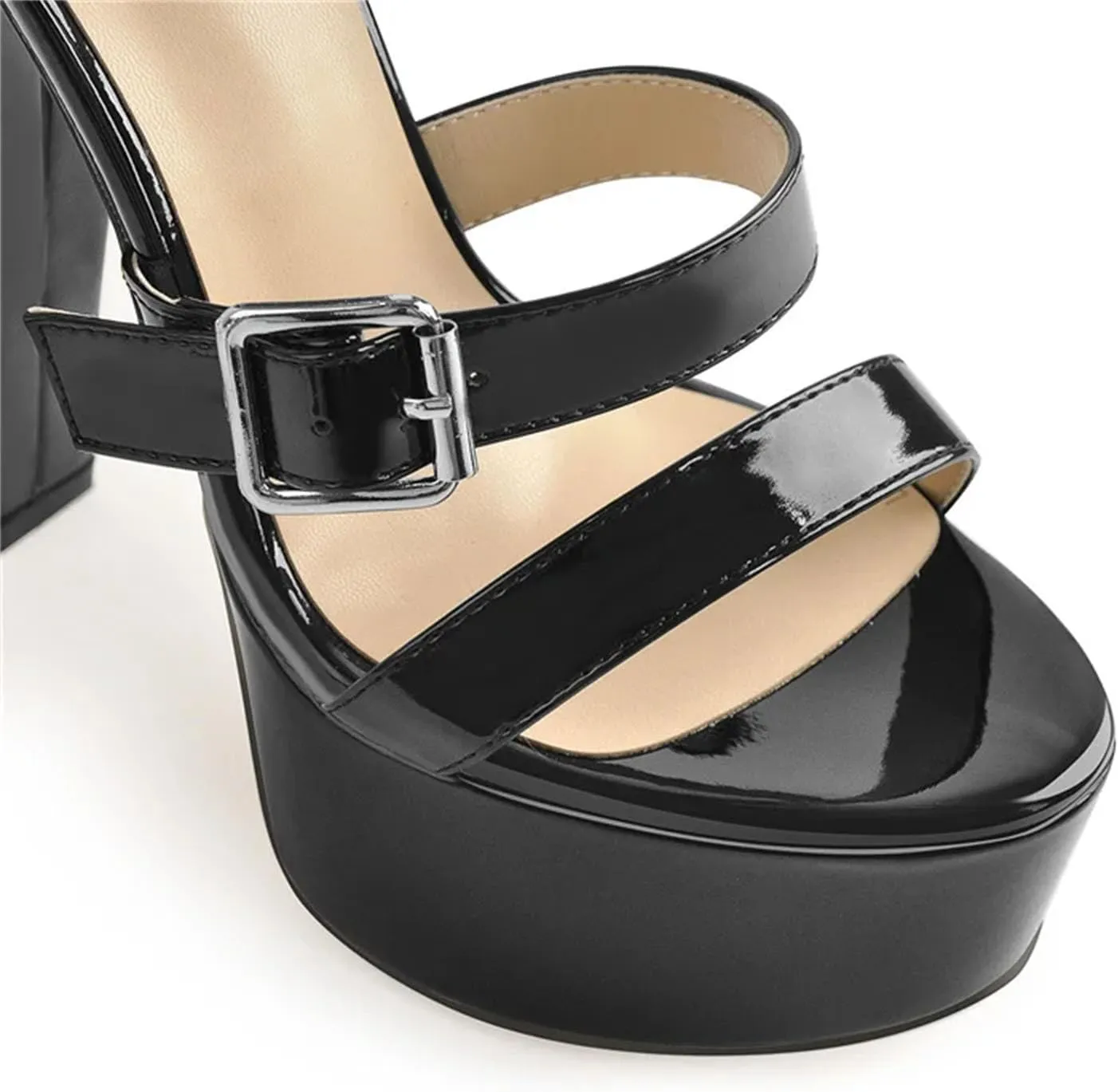 Women's Open Toe Platform Sandals - Chunky Round Heel Black Buckle Belts Punk