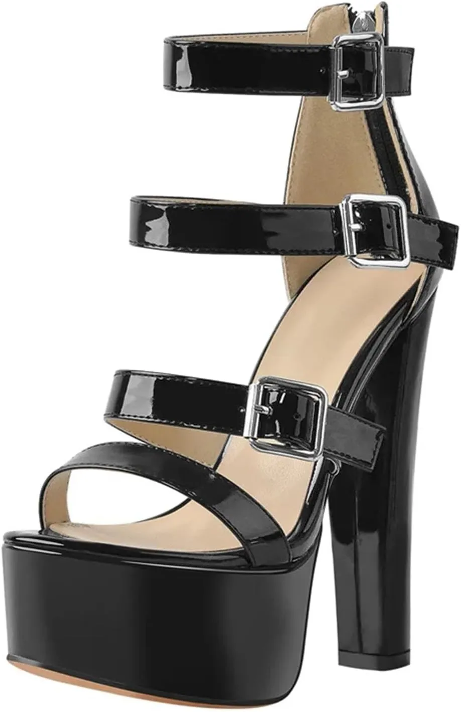 Women's Open Toe Platform Sandals - Chunky Round Heel Black Buckle Belts Punk