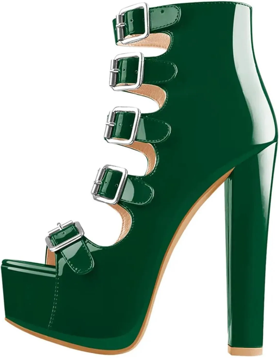 Women's Peep Toe Platform Sandals - Chunky Round Heel Black Red Buckle Belts Punk