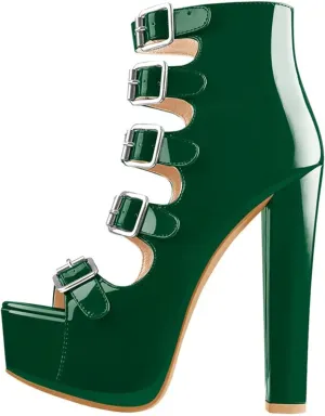 Women's Peep Toe Platform Sandals - Chunky Round Heel Black Red Buckle Belts Punk
