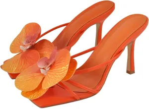 Women's Pink Square Toe Flower Mules - Orchid Heels Slip On 10cm Thin Heels