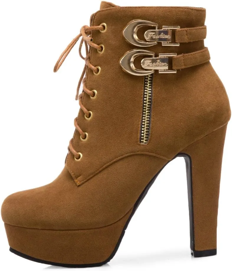 Women's Platform Ankle Booties Comfort Lace-up High Heels Round Toe Suede Heeled Boots