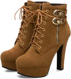 Women's Platform Ankle Booties Comfort Lace-up High Heels Round Toe Suede Heeled Boots