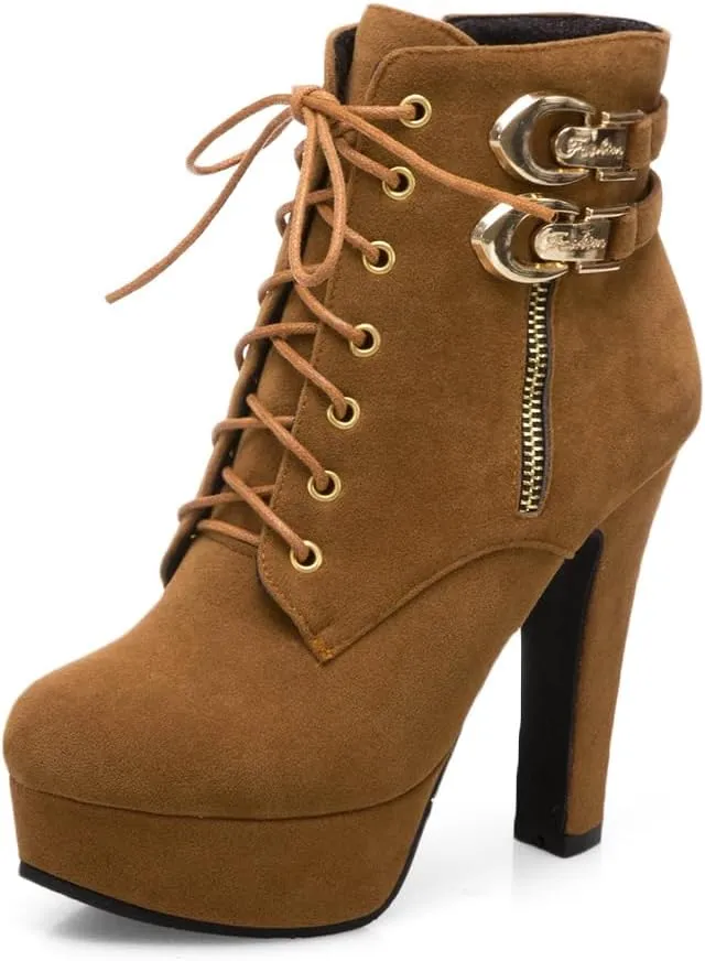 Women's Platform Ankle Booties Comfort Lace-up High Heels Round Toe Suede Heeled Boots