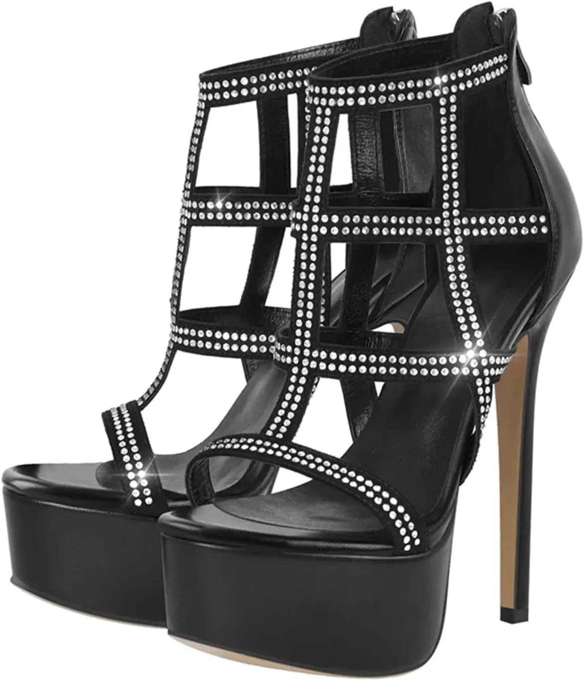 Women's Platform Peep Toe Rhinestone Sandals - Shiny Thin Heels Handmade