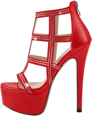 Women's Platform Peep Toe Rhinestone Sandals - Shiny Thin Heels Handmade