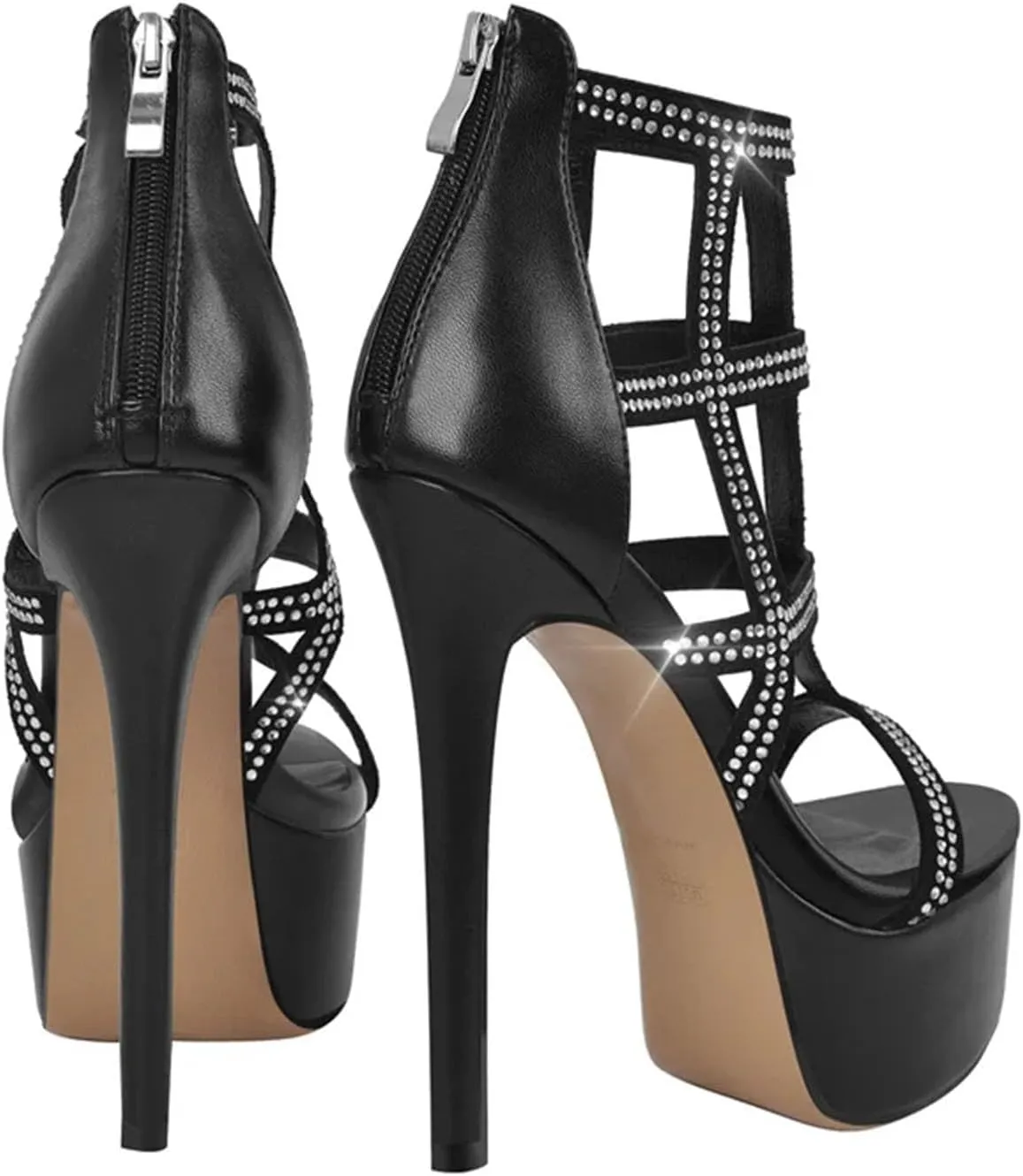 Women's Platform Peep Toe Rhinestone Sandals - Shiny Thin Heels Handmade