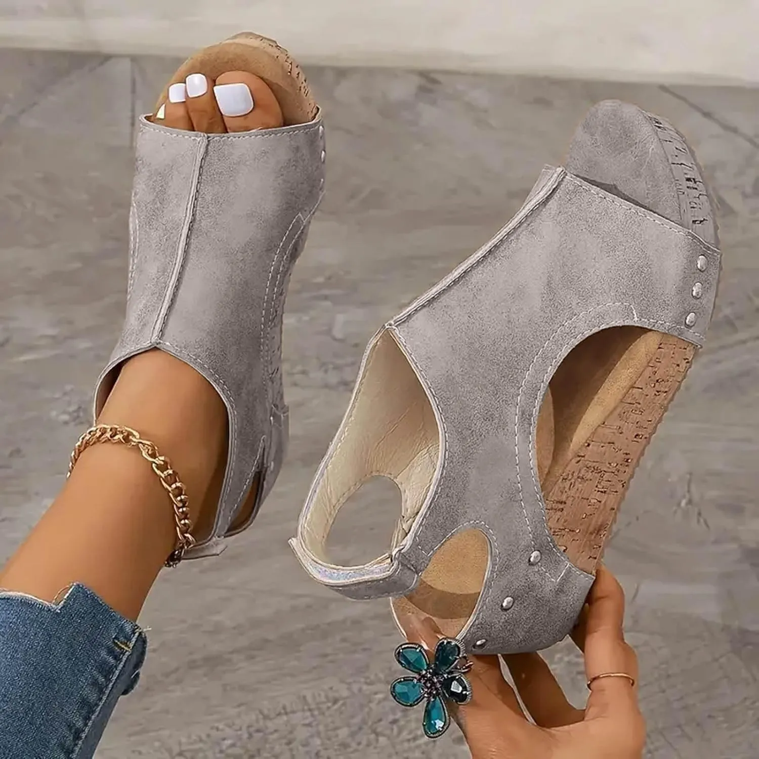 Women's Platform Wedge Sandals, Comfortable Open Toe Cork Casual & Dressy Summer Shoes Slip On Slides (a-White, 8)