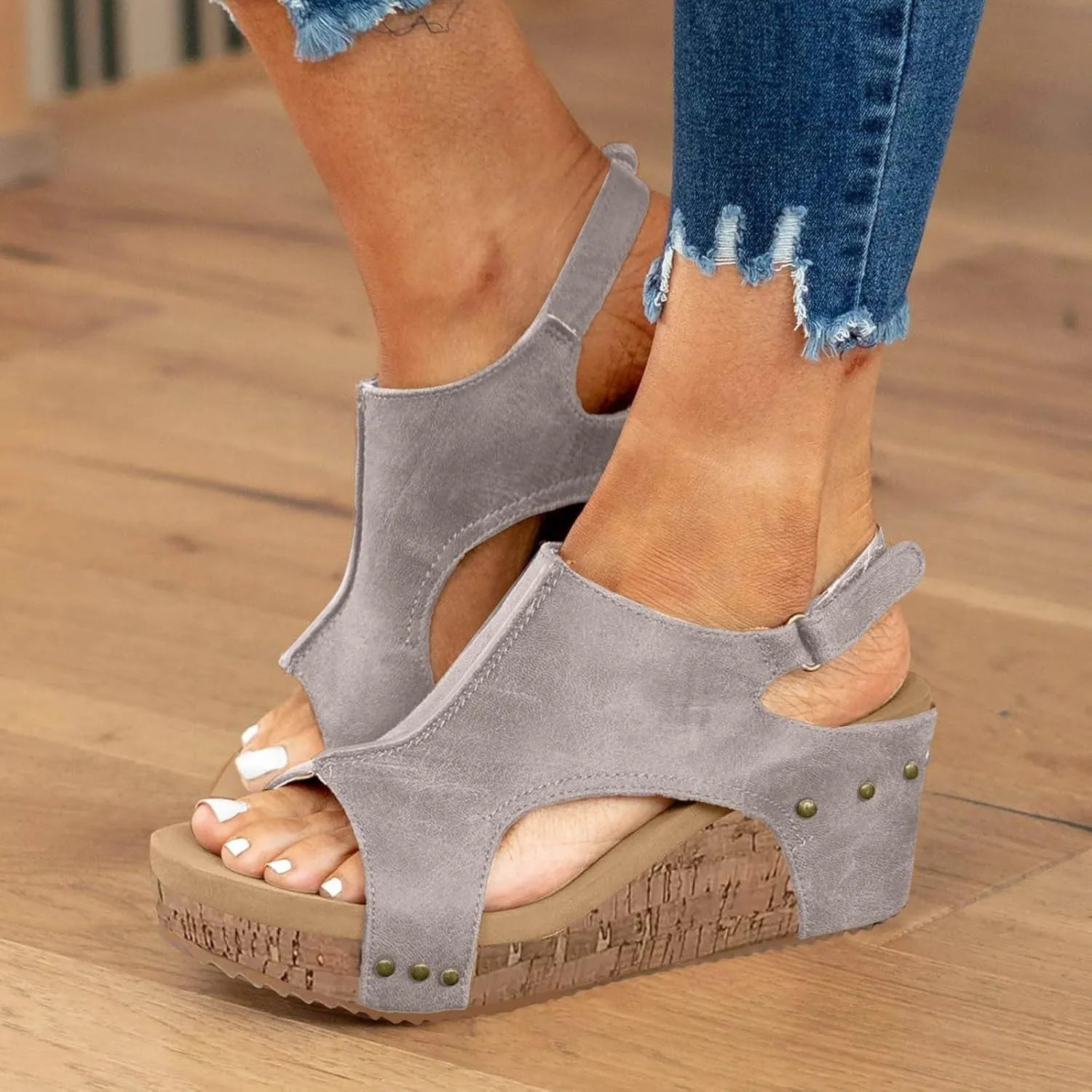 Women's Platform Wedge Sandals, Comfortable Open Toe Cork Casual & Dressy Summer Shoes Slip On Slides (a-White, 8)