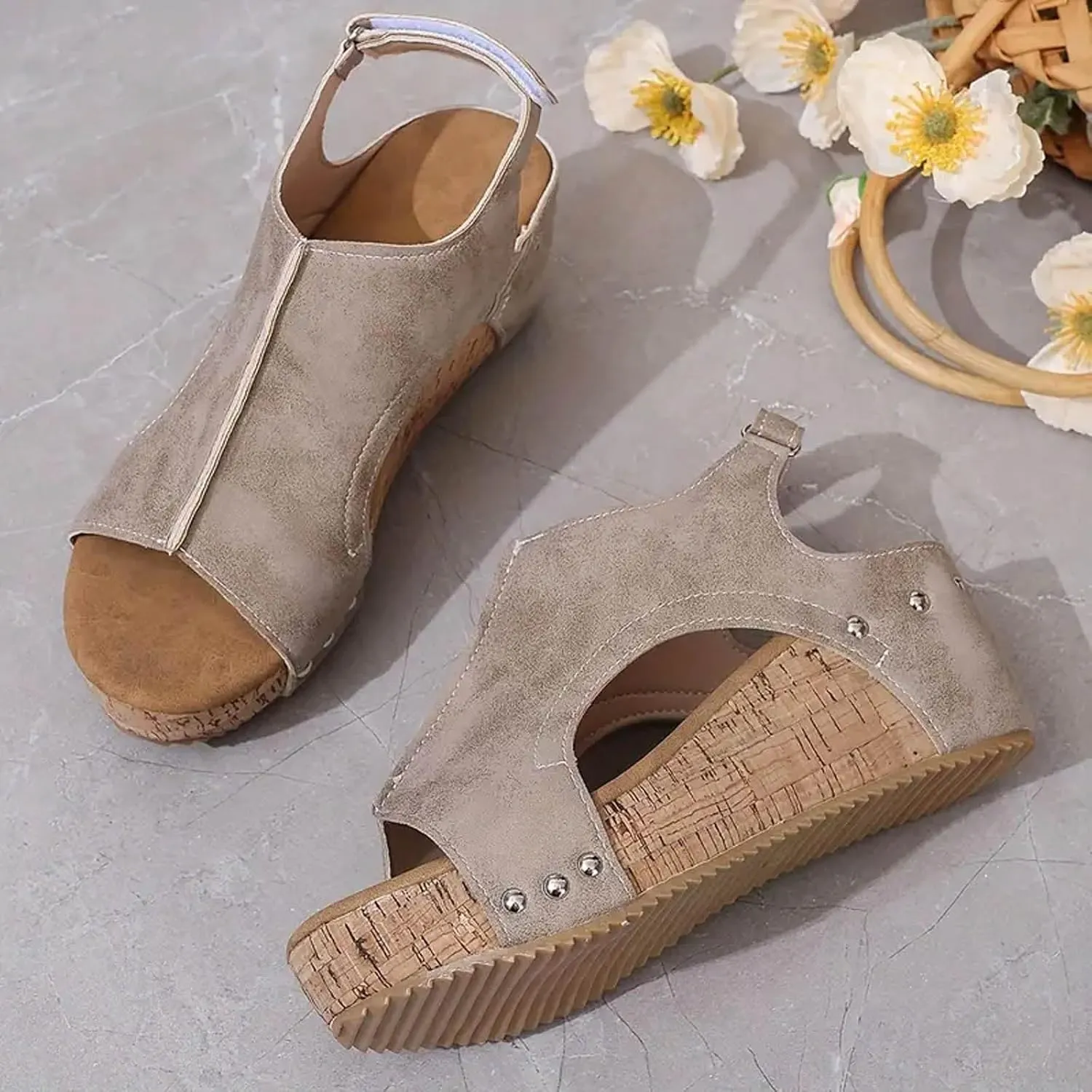 Women's Platform Wedge Sandals, Comfortable Open Toe Cork Casual & Dressy Summer Shoes Slip On Slides (a-White, 8)