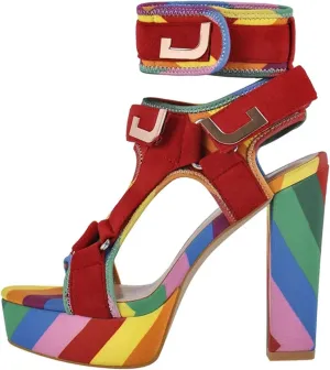 Women's Rainbow Canvas Sandals - Cross Strap Chunky Platform Heels