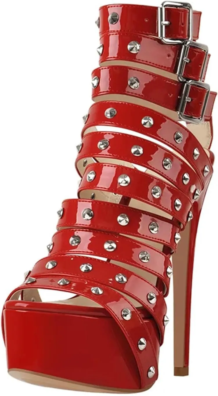 Women's Red Patent Sandals - Rivet Narrow Band Stiletto Heels