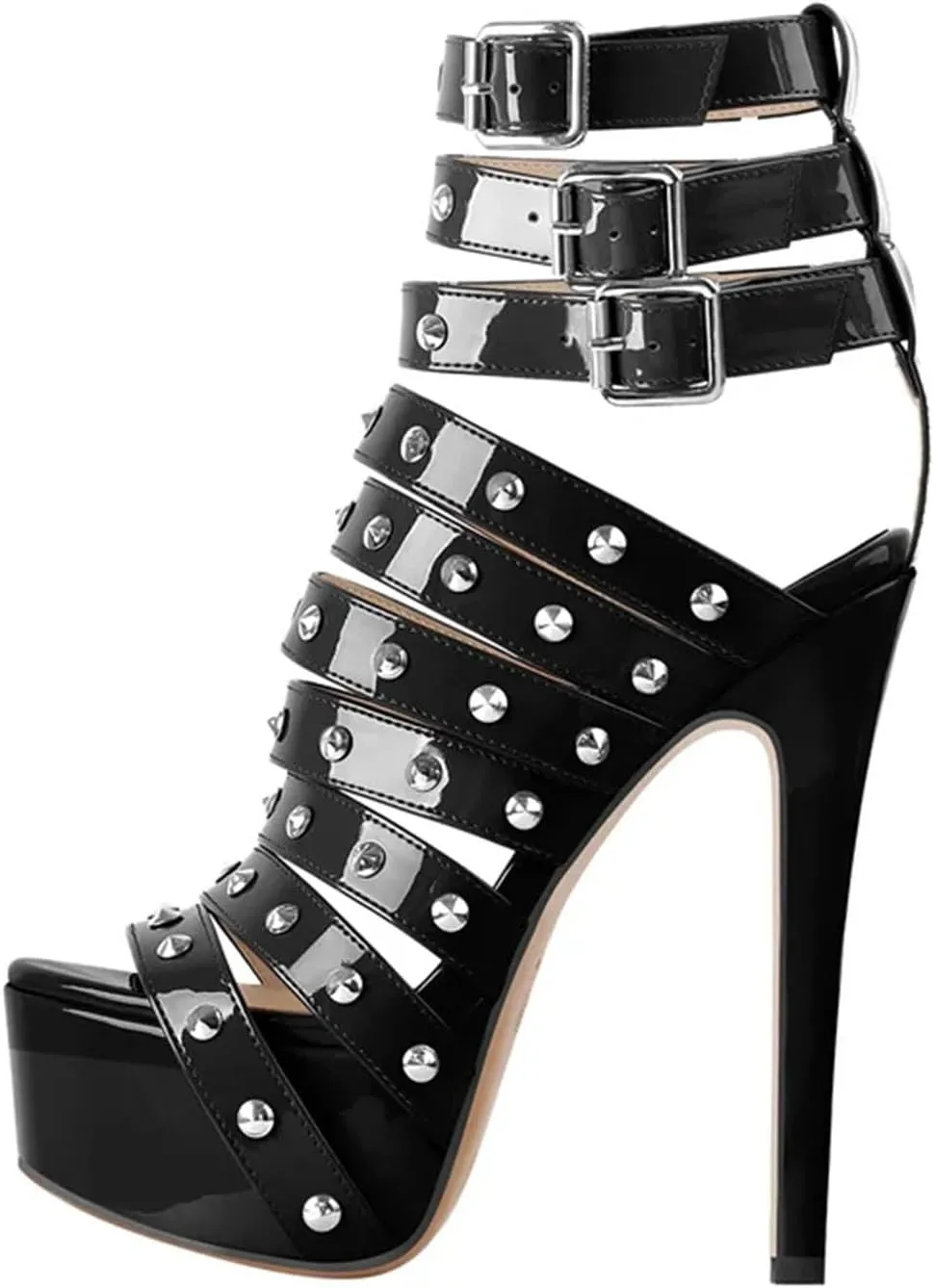 Women's Red Patent Sandals - Rivet Narrow Band Stiletto Heels