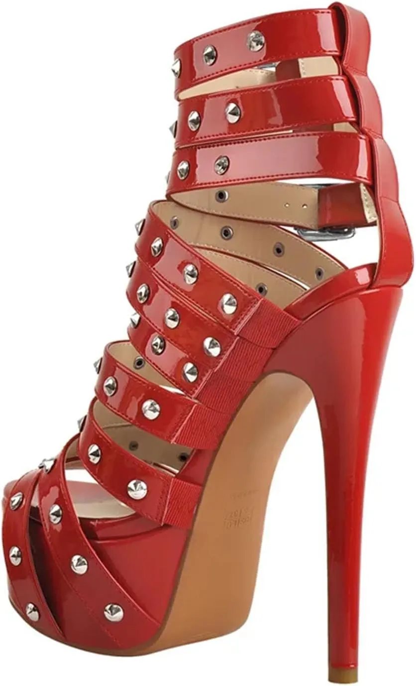 Women's Red Patent Sandals - Rivet Narrow Band Stiletto Heels