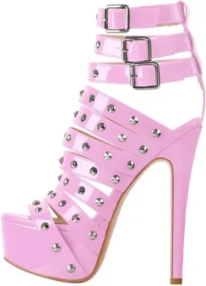 Women's Red Patent Sandals - Rivet Narrow Band Stiletto Heels
