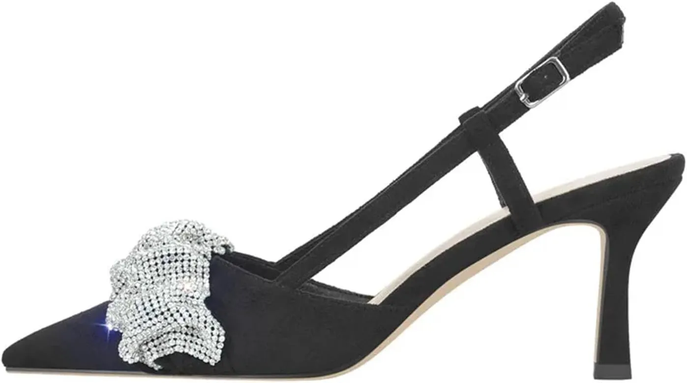 Women's Rhinestone Slingback Pumps - Pointed Toe Party Dress Thin Heels