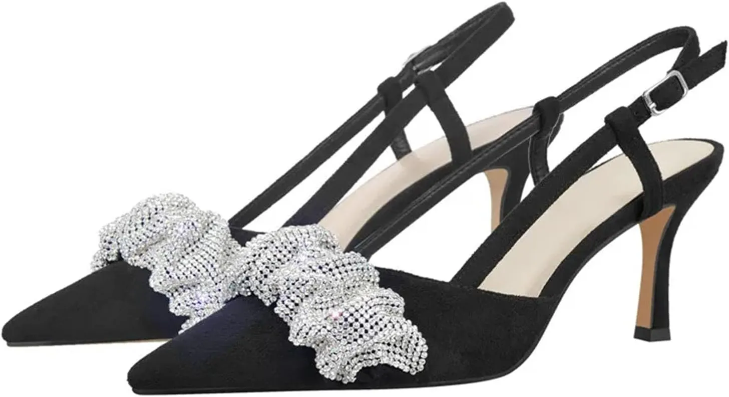 Women's Rhinestone Slingback Pumps - Pointed Toe Party Dress Thin Heels