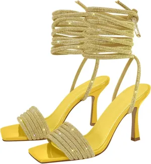 Women's Rhinestone Wrapped Sandals - Open Back Wedding Bling Stilettos