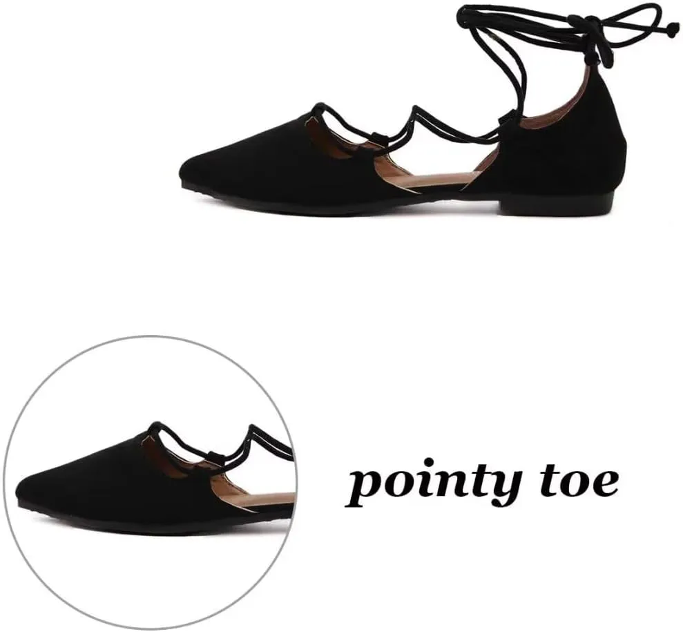 Womens Sandal Pointy Toe Ankle Strap Wrap Ballet Flats Lace Up Wedding Party Shoes