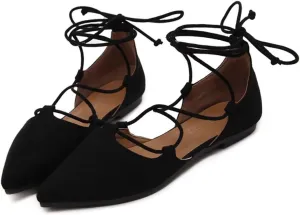 Womens Sandal Pointy Toe Ankle Strap Wrap Ballet Flats Lace Up Wedding Party Shoes