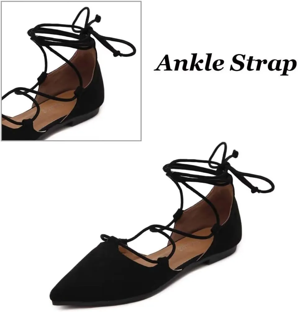 Womens Sandal Pointy Toe Ankle Strap Wrap Ballet Flats Lace Up Wedding Party Shoes