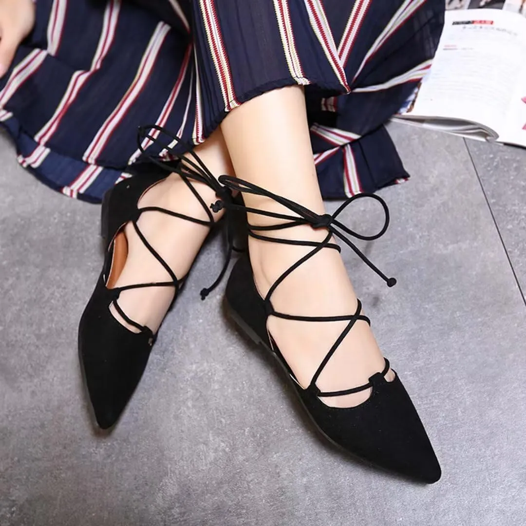 Womens Sandal Pointy Toe Ankle Strap Wrap Ballet Flats Lace Up Wedding Party Shoes