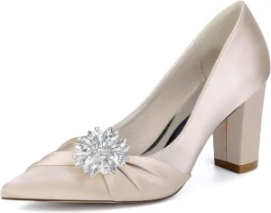 Women's Satin Bridal Shoes Mid Block Heel Dress Pumps Pointy Toe Slip on Wedding Party Court Shoes with Rhinestone