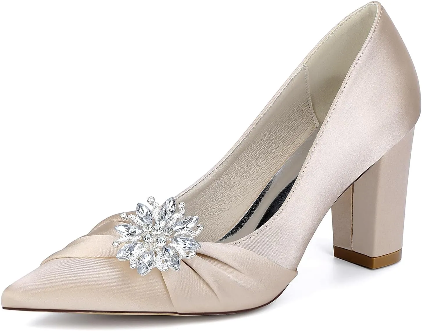 Women's Satin Bridal Shoes Mid Block Heel Dress Pumps Pointy Toe Slip on Wedding Party Court Shoes with Rhinestone