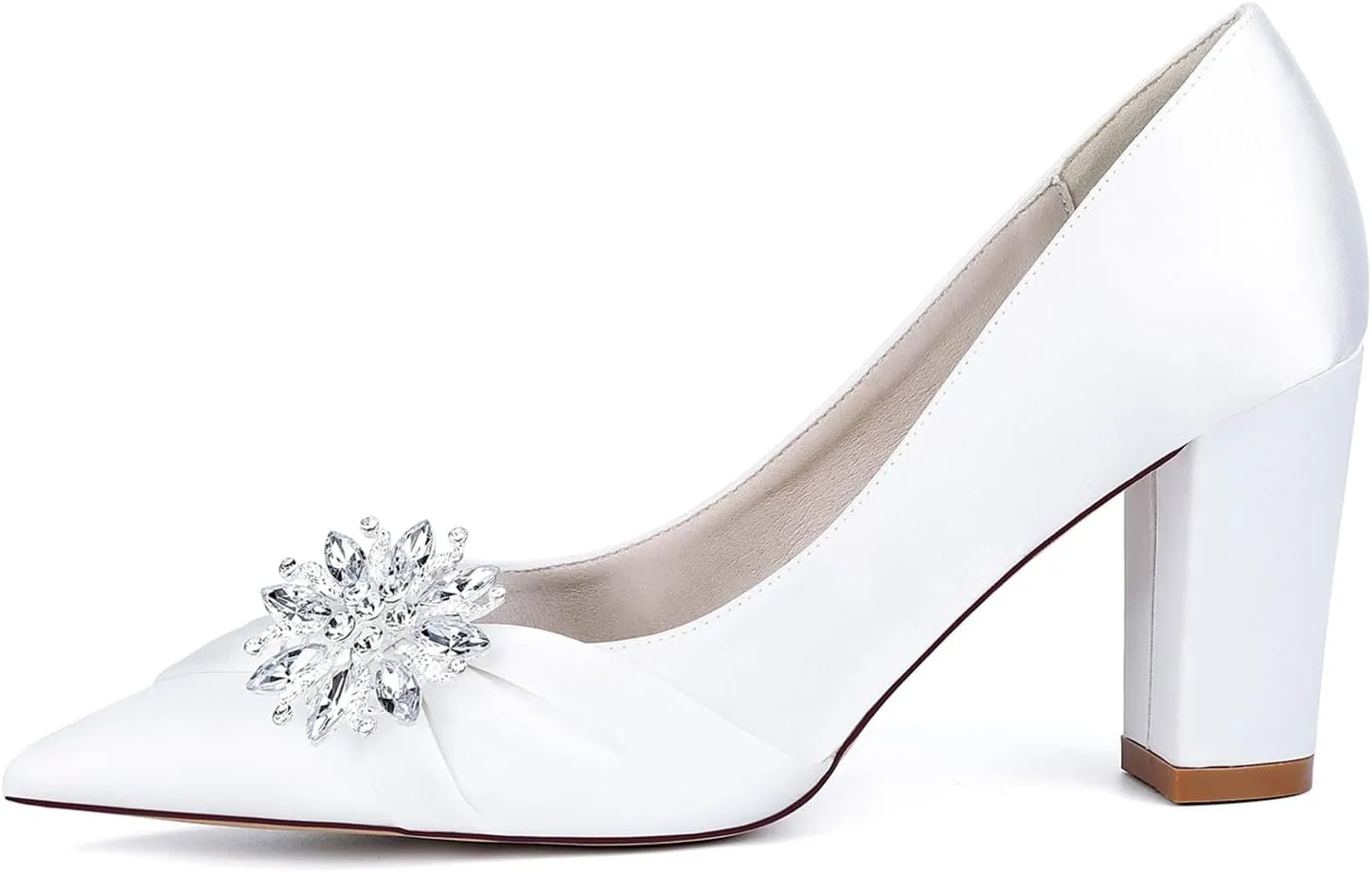 Women's Satin Bridal Shoes Mid Block Heel Dress Pumps Pointy Toe Slip on Wedding Party Court Shoes with Rhinestone