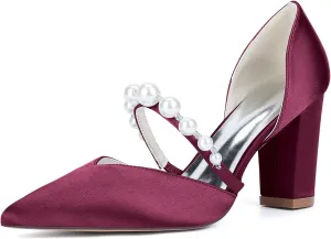 Women's Satin Bridal Shoes with Pearls Ankle Strap Block Heel Dress Pumps Pointy Toe Slip on Wedding Party Court Shoes