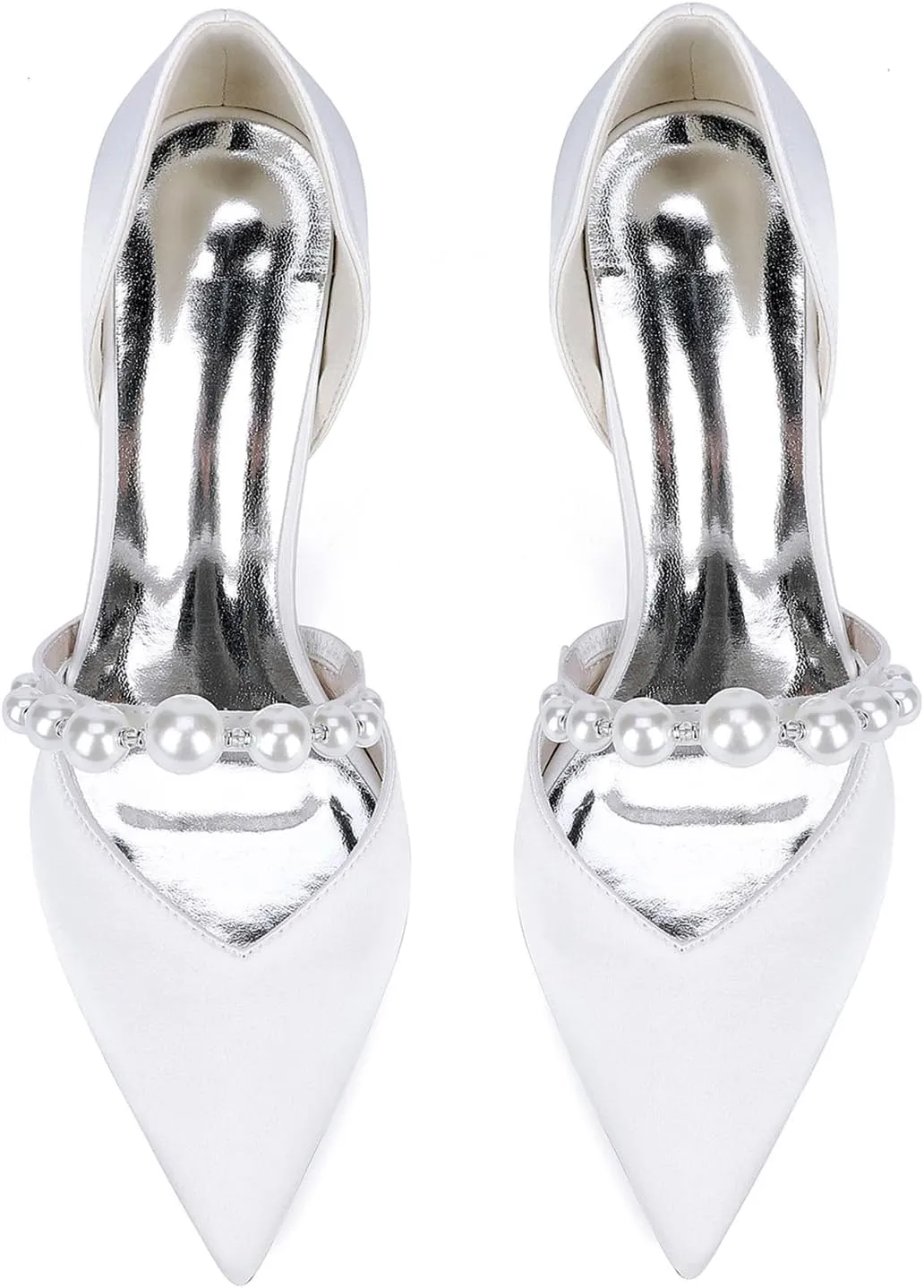 Women's Satin Bridal Shoes with Pearls Ankle Strap Block Heel Dress Pumps Pointy Toe Slip on Wedding Party Court Shoes