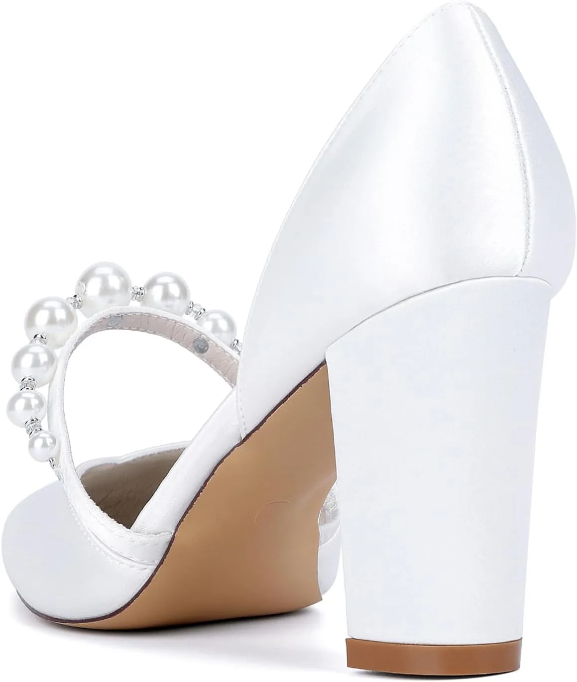 Women's Satin Bridal Shoes with Pearls Ankle Strap Block Heel Dress Pumps Pointy Toe Slip on Wedding Party Court Shoes