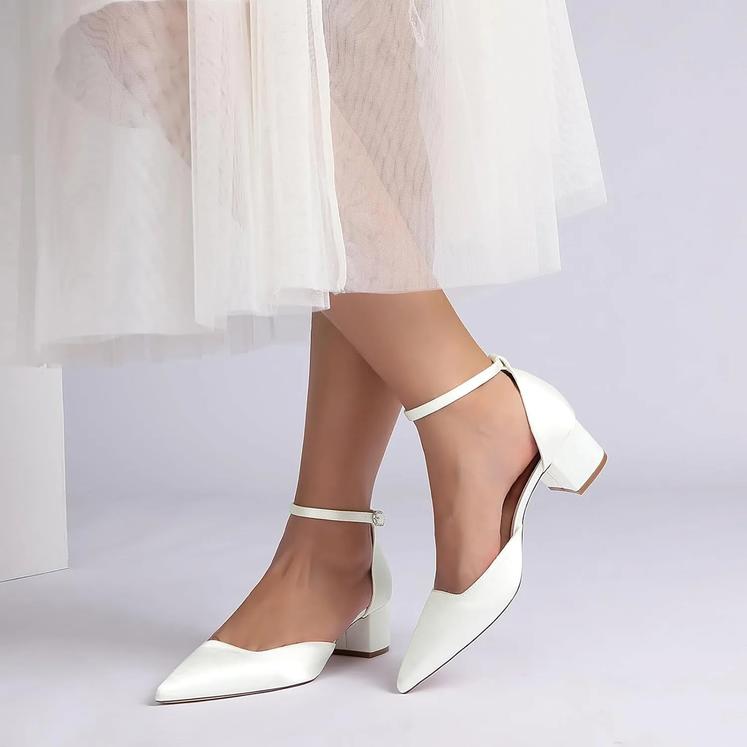 Women's Satin Wedding Shoes for Bride Block Heel Pointed Toe Ankle Strap Heels Women Dress Shoes Pumps