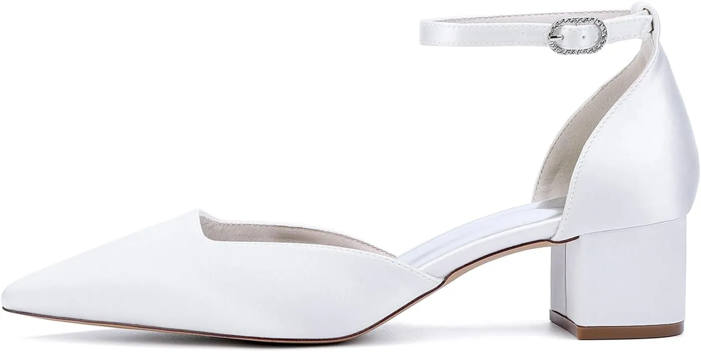 Women's Satin Wedding Shoes for Bride Block Heel Pointed Toe Ankle Strap Heels Women Dress Shoes Pumps