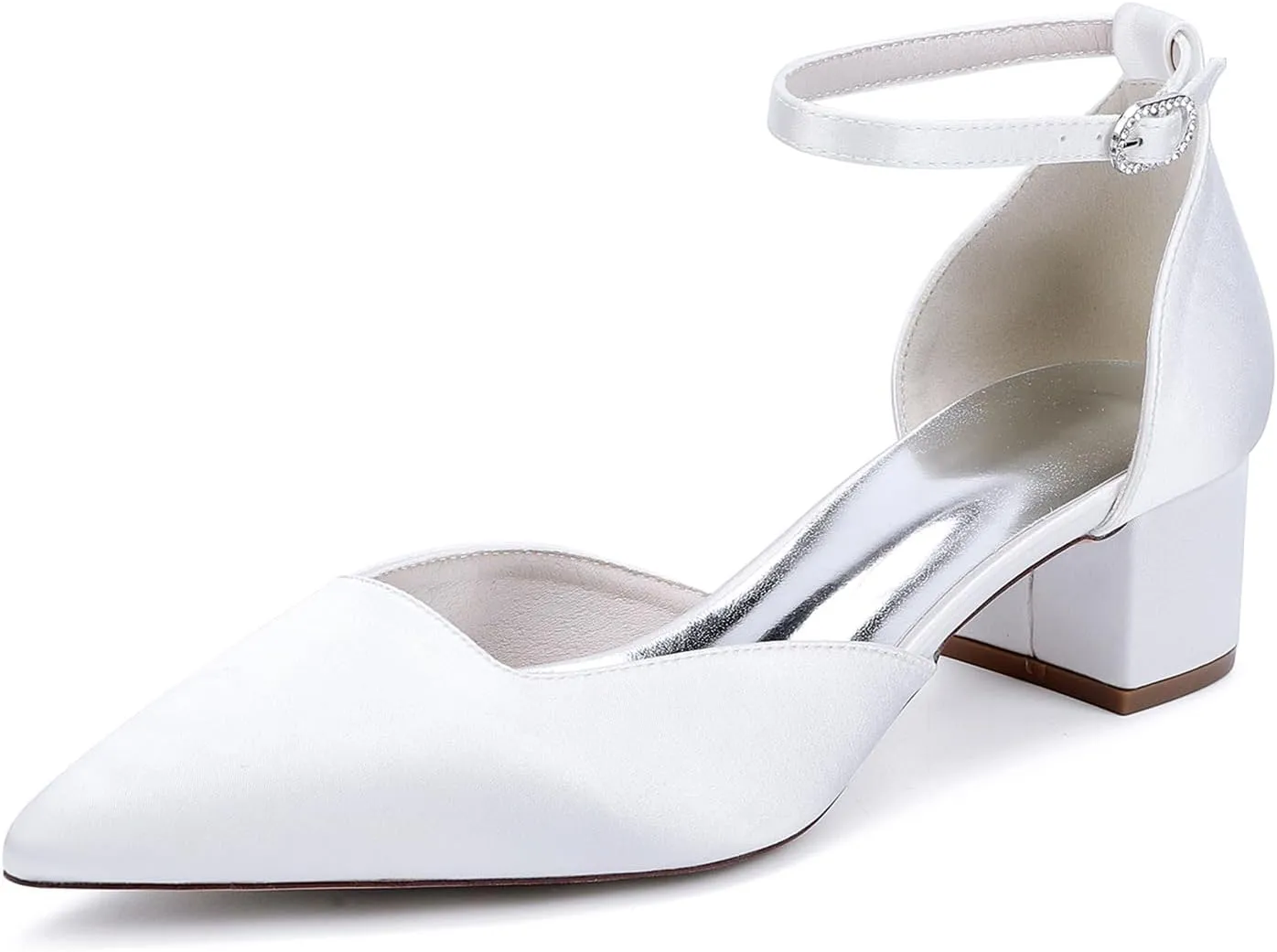 Women's Satin Wedding Shoes for Bride Block Heel Pointed Toe Ankle Strap Heels Women Dress Shoes Pumps