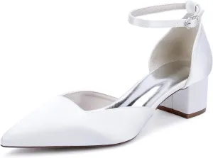 Women's Satin Wedding Shoes for Bride Block Heel Pointed Toe Ankle Strap Heels Women Dress Shoes Pumps
